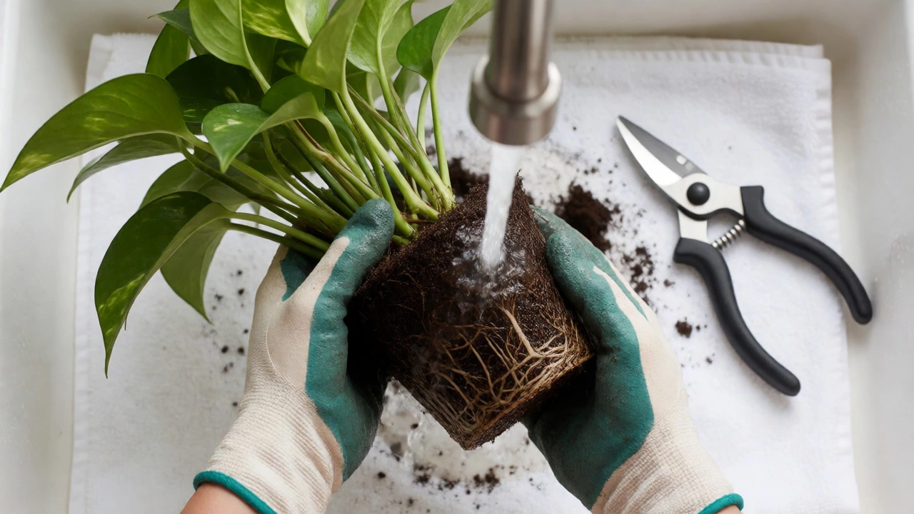 Hands rinsing plant roots to identify and remove brown, mushy rotten sections.