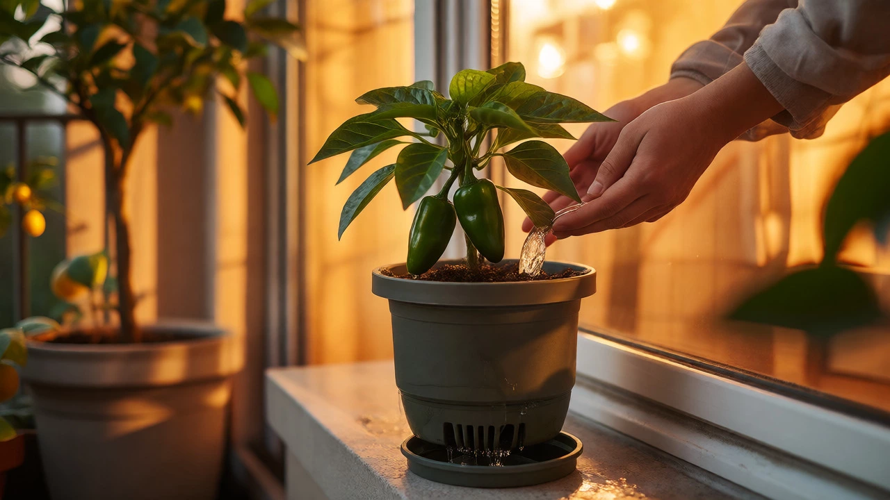 Hands watering a dwarf pepper plant in a self-watering pot during sunset