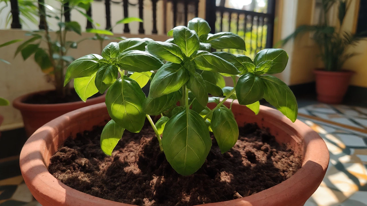Healthy basil plant thriving in a terracotta pot with homemade soil