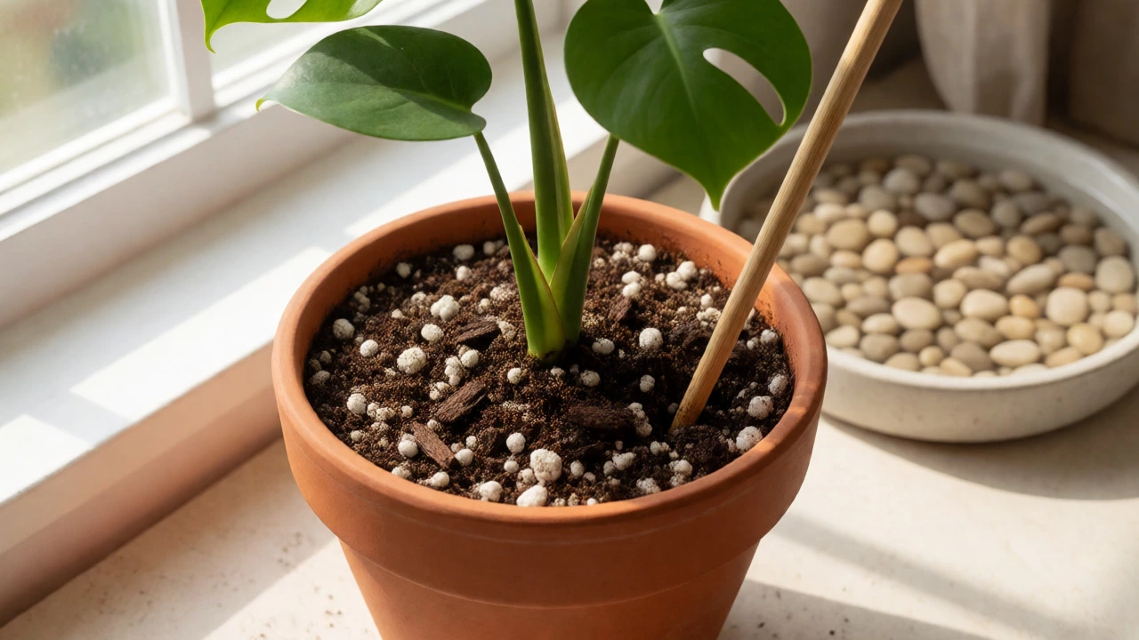 Healthy Monstera in terracotta pot with aerated soil mix and moisture testing stick.