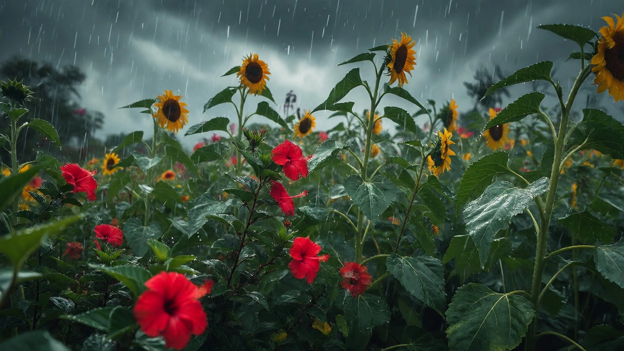 Hibiscus and sunflowers thriving in a garden bed during a heavy Indian monsoon rainstorm