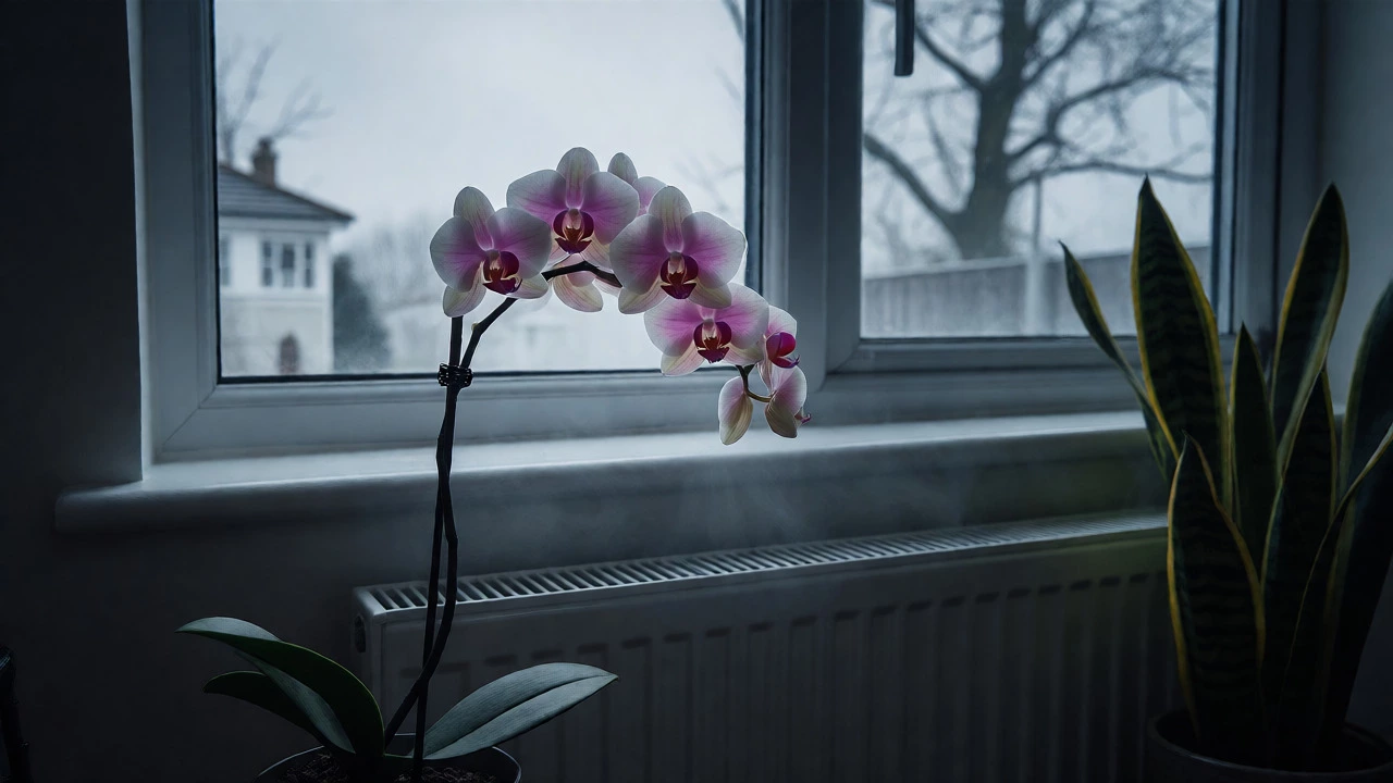 Orchid and Snake Plant surviving winter dry air near a radiator