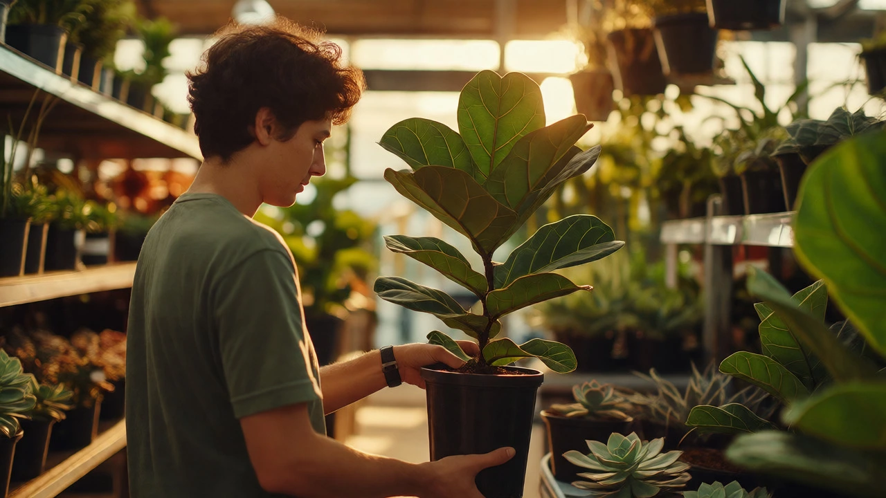Person inspecting a Fiddle Leaf Fig in a summer garden centre