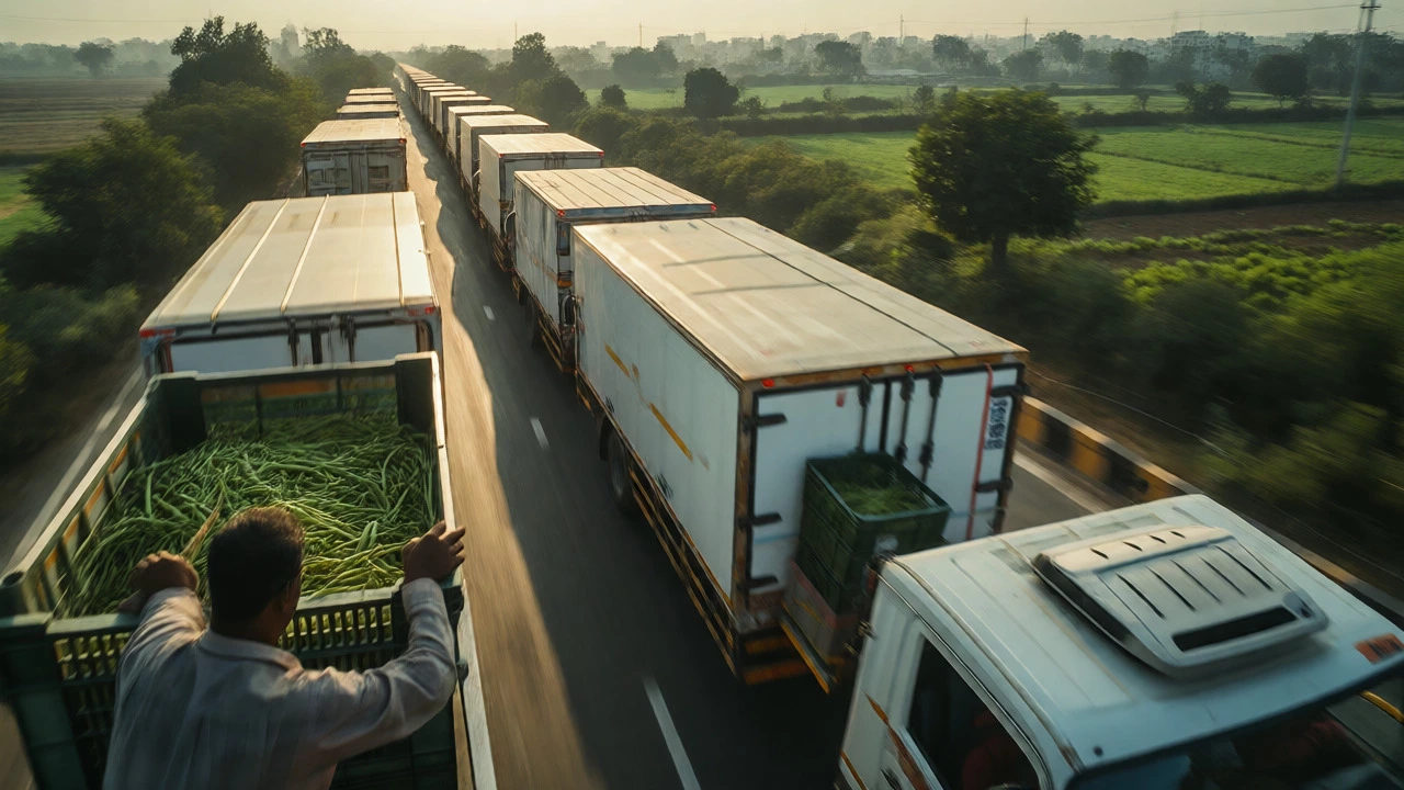 Refrigerated trucks transporting fresh produce from Hathras to major cities.
