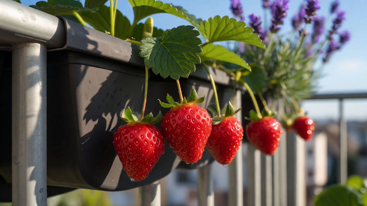 Ripe strawberries growing in a vertical planter with lavender flowers on a railing
