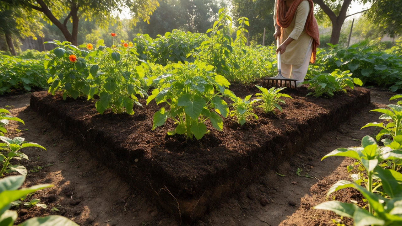 Thriving raised bed garden with layered soil and healthy plants