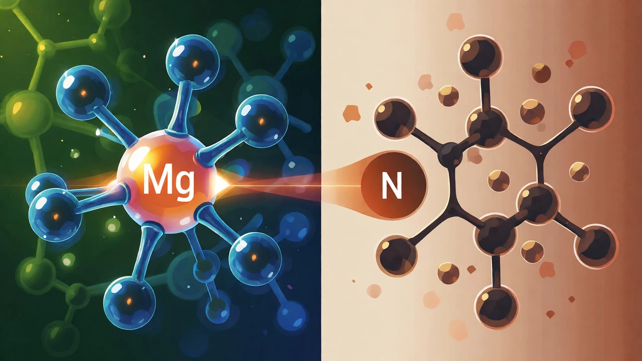 Conceptual diagram contrasting magnesium in chlorophyll with nitrogen building blocks