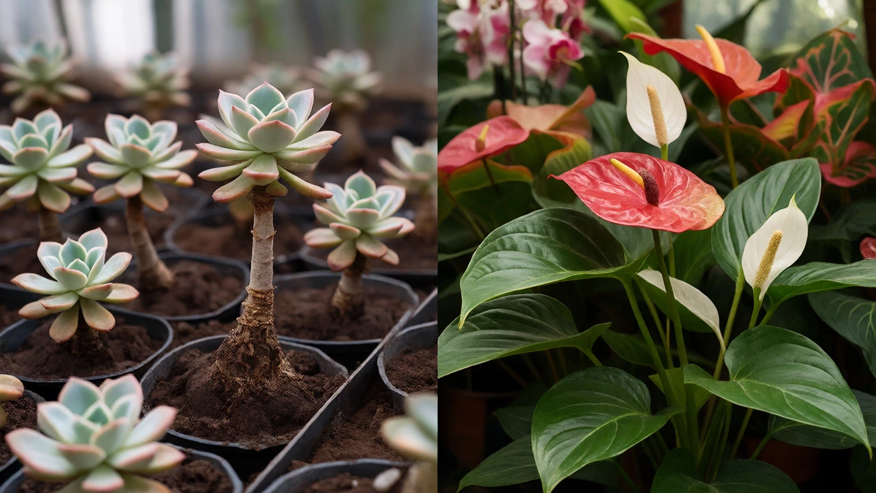 Contrast between rotting succulents and thriving tropical anthuriums in a greenhouse.