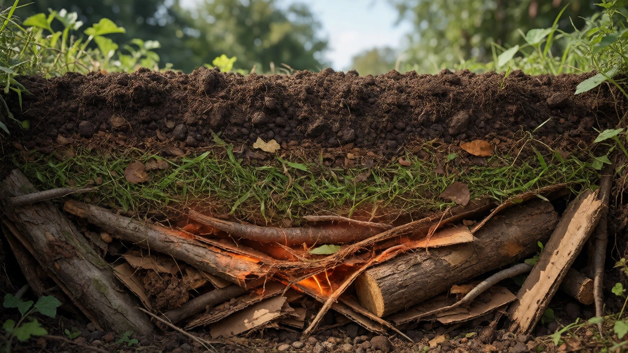 Cross-section of a raised bed showing wood base, organic middle, and topsoil