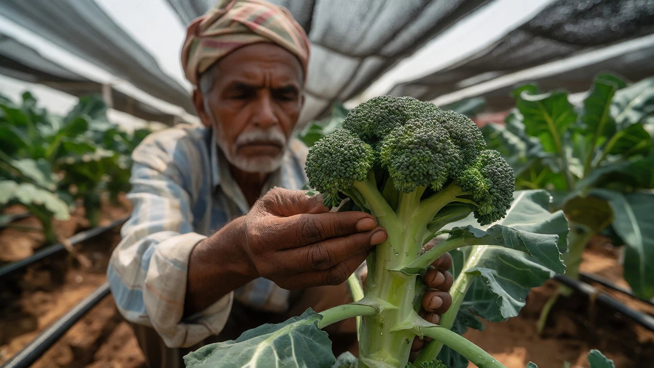 Farmer inspecting fresh broccoli with drip irrigation