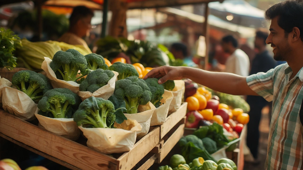 Fresh broccoli sold at an urban Indian farmers market