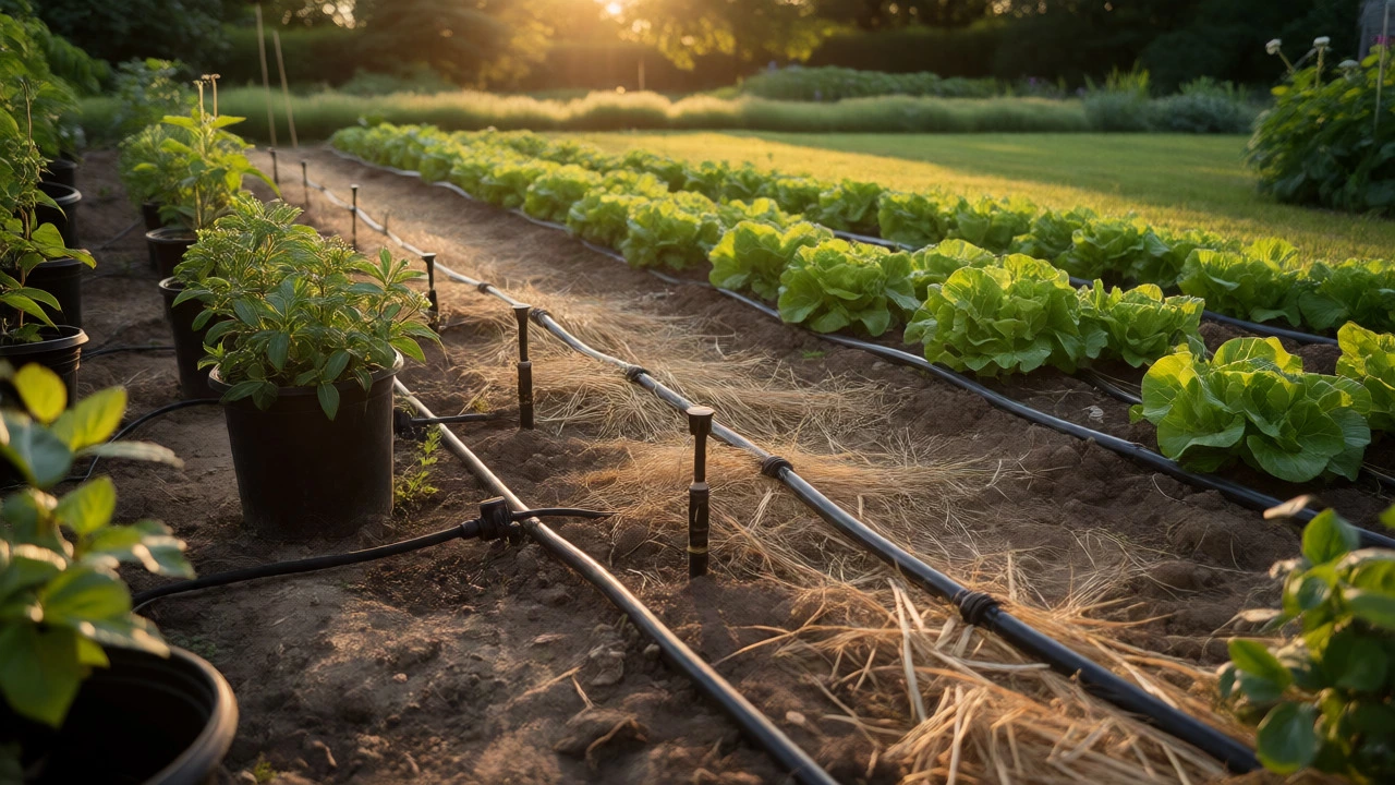 Garden border using both drip lines and soaker hoses at sunset
