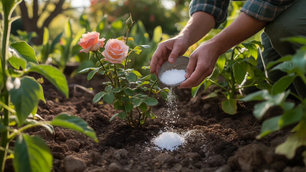Gardener sprinkling Epsom salt around the base of a rose bush in a sunny garden