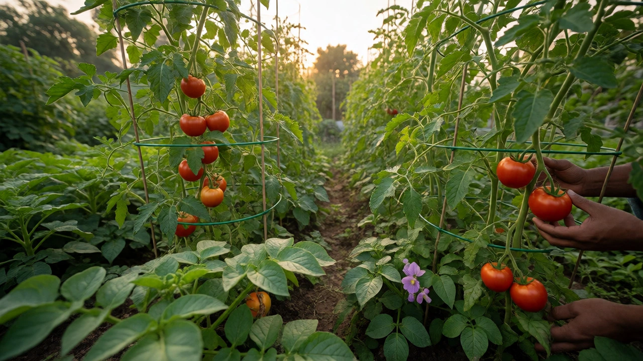 Gardener tending to tomato vines and potato plants in a garden