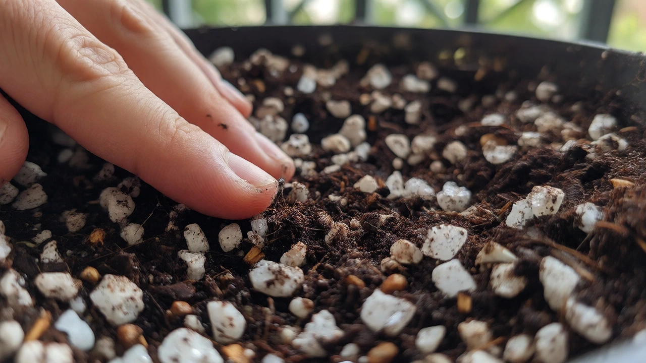 Hand checking moist potting soil with perlite in a container