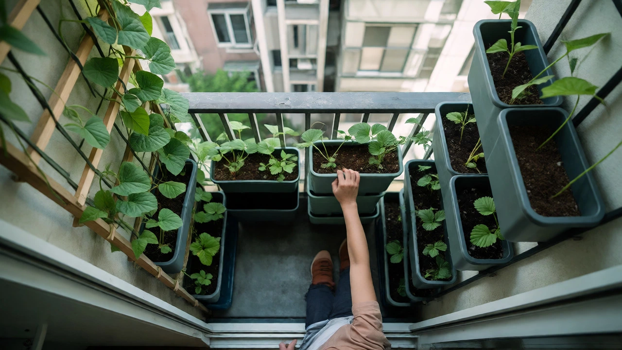 Narrow balcony utilizing vertical gardening with trellises and slim containers, showing tight space constraints.