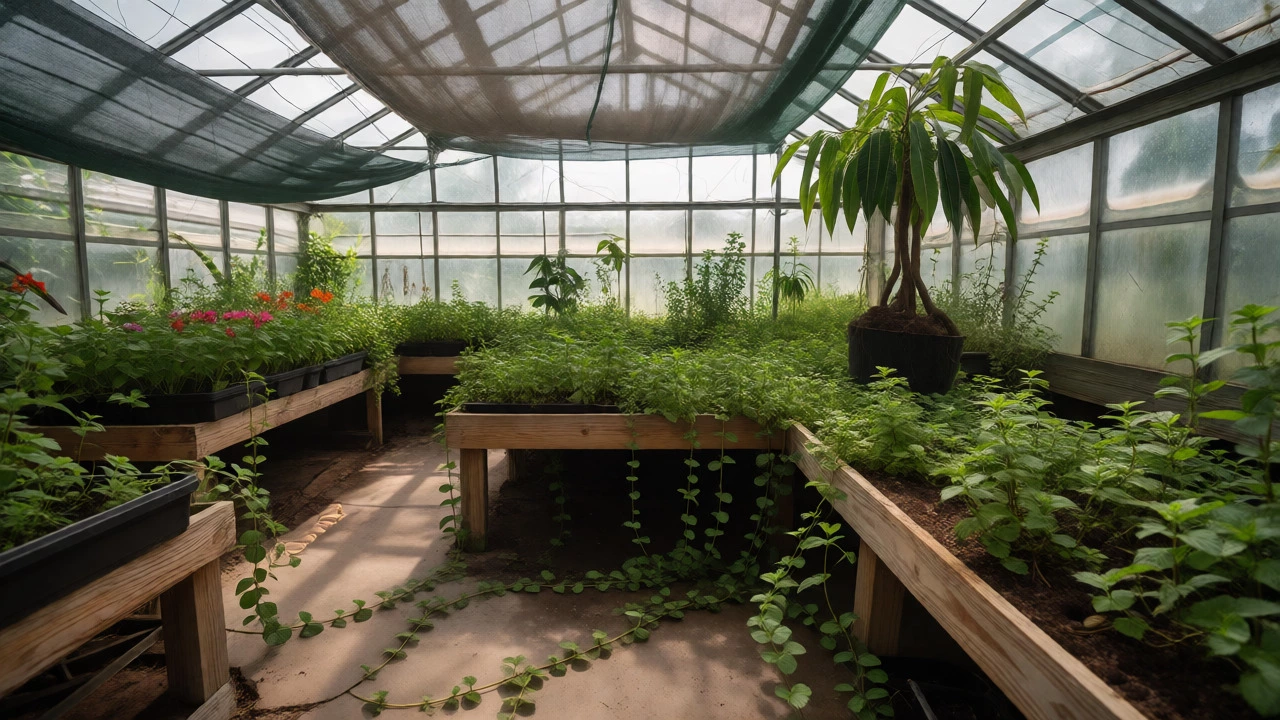 Overgrown mint plants taking over greenhouse benches next to a stunted mango tree.