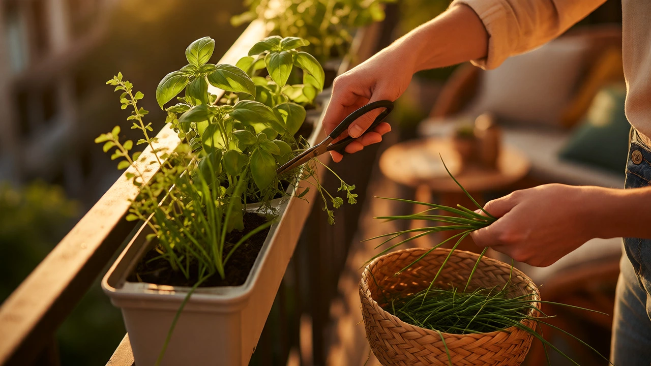 Person harvesting fresh basil and chives from balcony planters at sunset