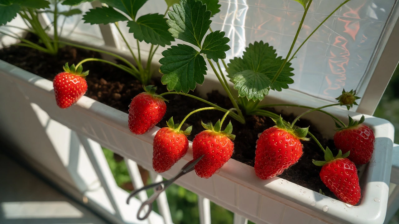 Ripe strawberries hanging from a trough planter ready for harvest