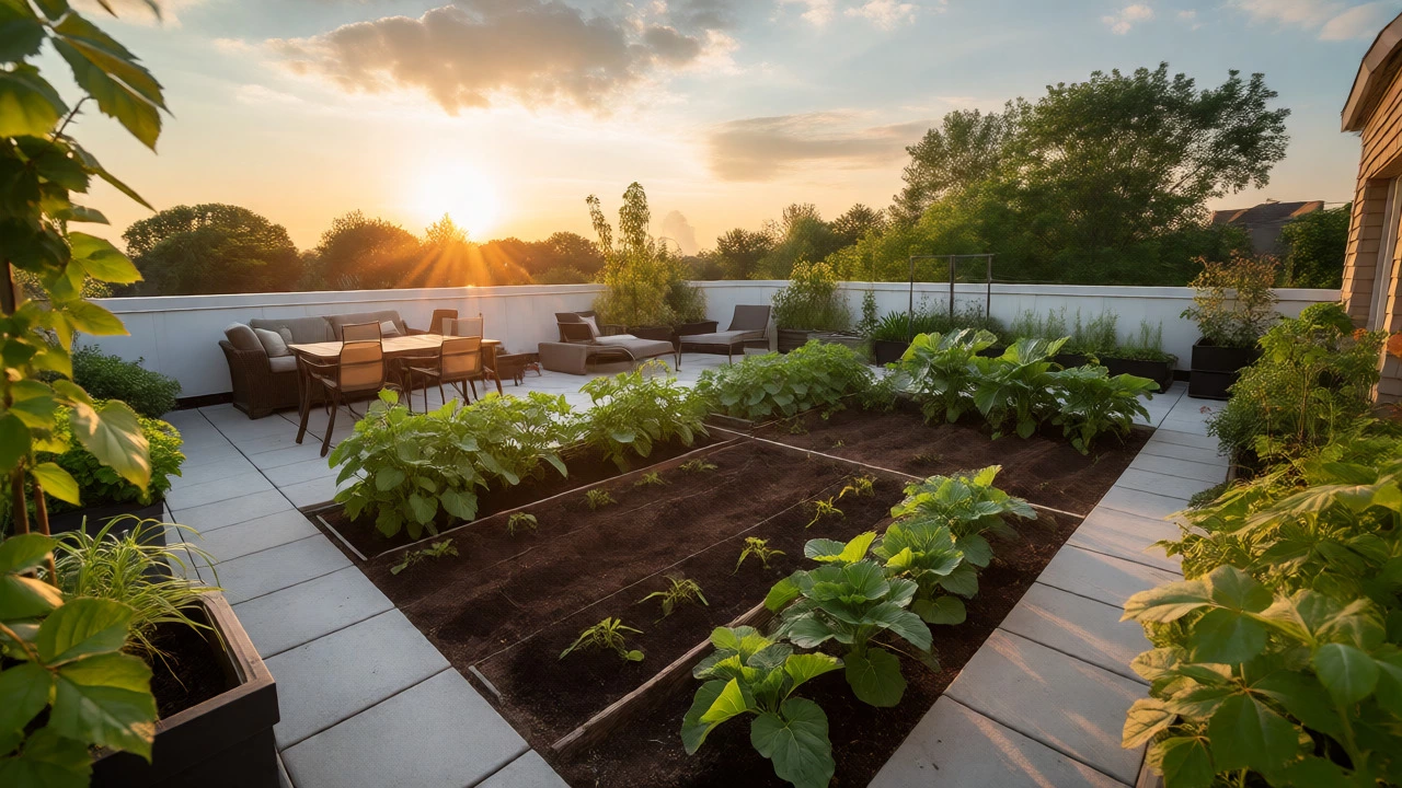 Spacious rooftop terrace with distinct zones for lounging and deep vegetable beds, offering ample gardening room.