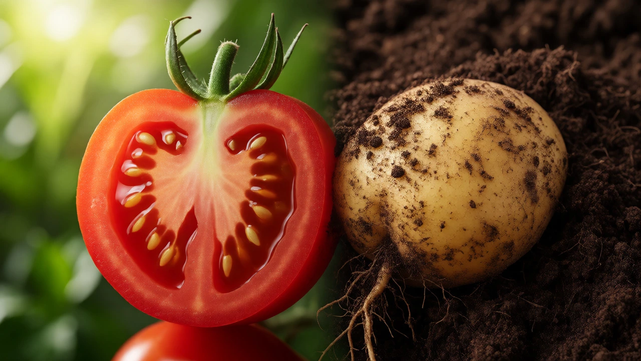 Split view showing tomato cross-section and potato in soil