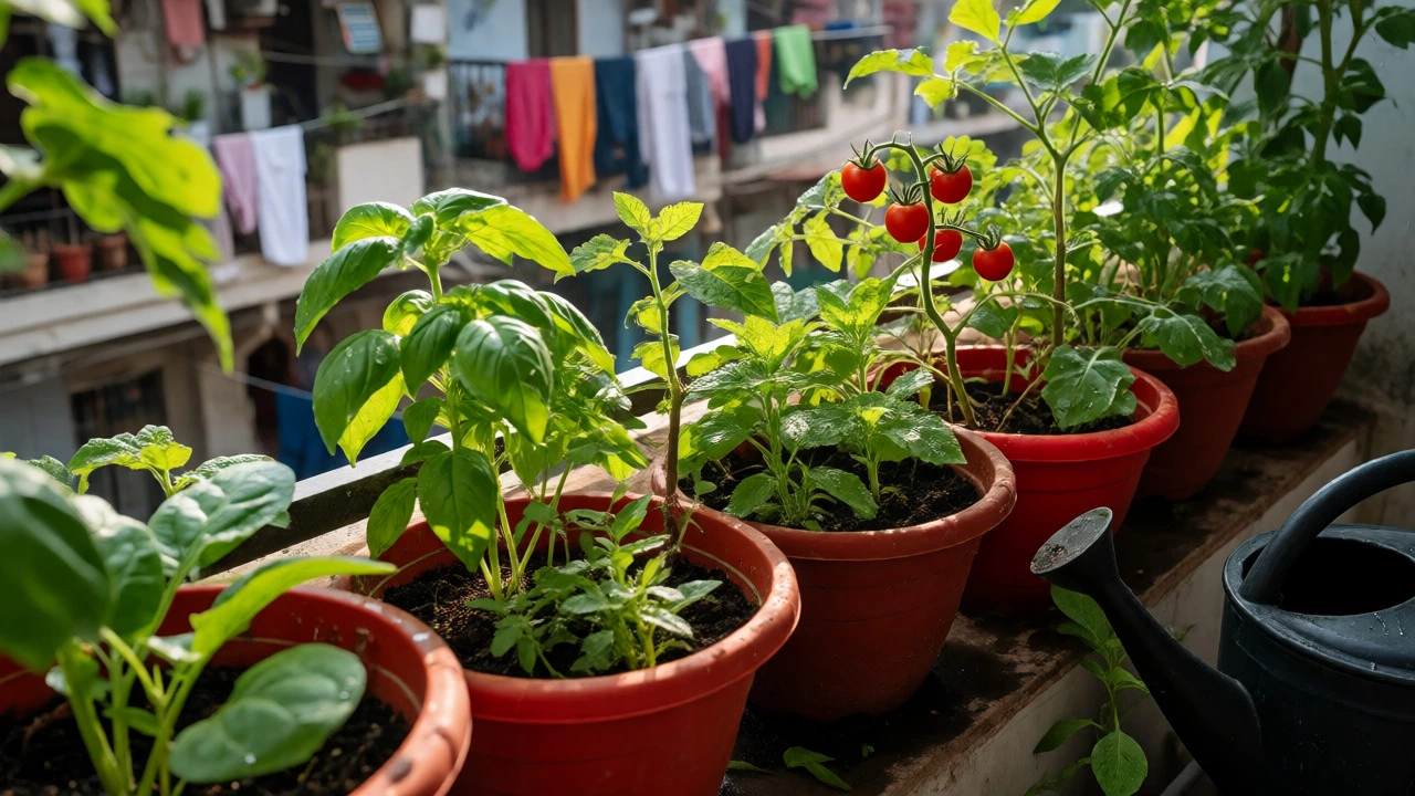 Thriving balcony garden with potted herbs and tomatoes in an urban setting