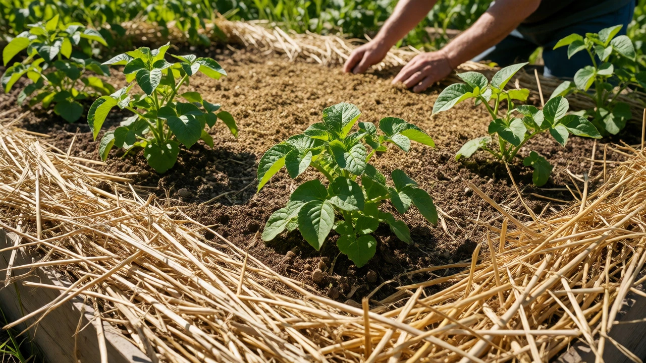 Young vegetable plants growing in a mulched raised garden bed